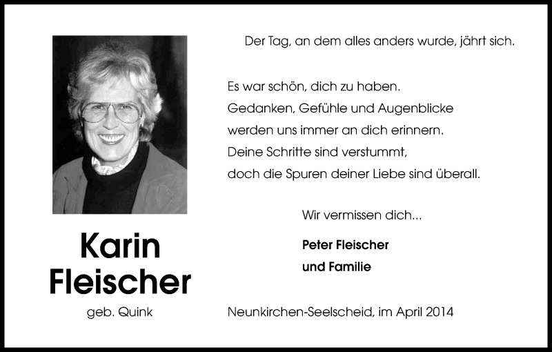  Traueranzeige für Karin Fleischer vom 16.04.2014 aus Kölner Stadt-Anzeiger / Kölnische Rundschau / Express