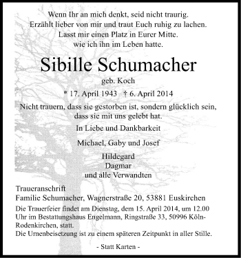 Anzeige von Sibille Schumacher von Kölner Stadt-Anzeiger / Kölnische Rundschau / Express