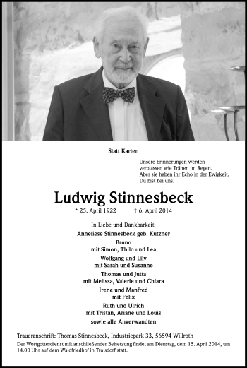 Anzeige von Ludwig Stinnesbeck von Kölner Stadt-Anzeiger / Kölnische Rundschau / Express