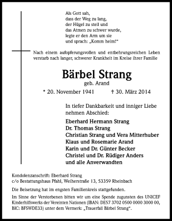 Anzeige von Bärbel Strang von Kölner Stadt-Anzeiger / Kölnische Rundschau / Express