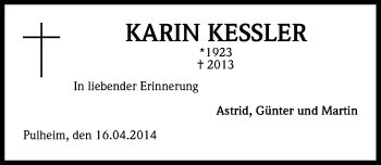 Anzeige von Karin Kessler von Kölner Stadt-Anzeiger / Kölnische Rundschau / Express