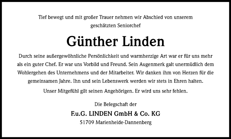  Traueranzeige für Günther Linden vom 09.04.2014 aus Kölner Stadt-Anzeiger / Kölnische Rundschau / Express