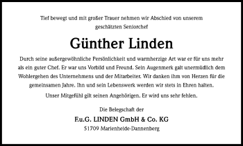 Anzeige von Günther Linden von Kölner Stadt-Anzeiger / Kölnische Rundschau / Express