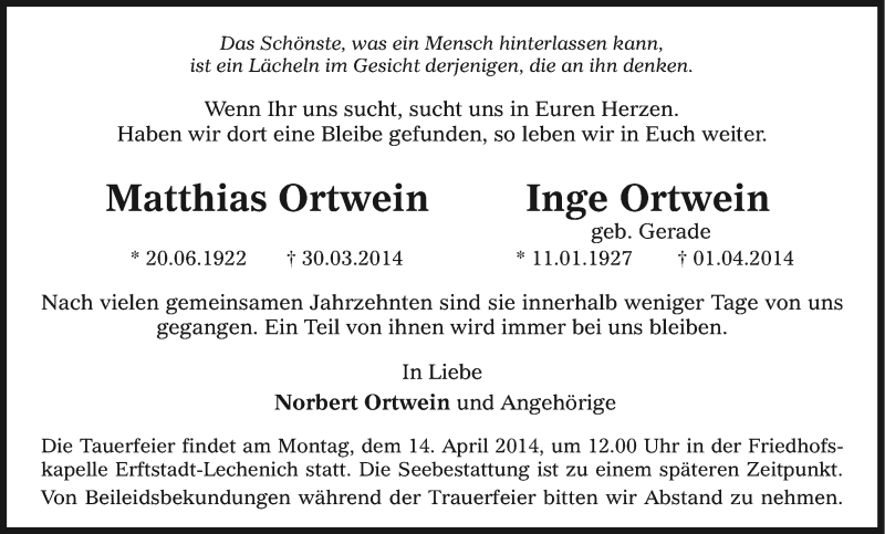  Traueranzeige für Inge und Matthias Ortwein vom 09.04.2014 aus Kölner Stadt-Anzeiger / Kölnische Rundschau / Express