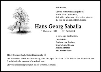 Anzeige von Hans Georg Saballa von Kölner Stadt-Anzeiger / Kölnische Rundschau / Express