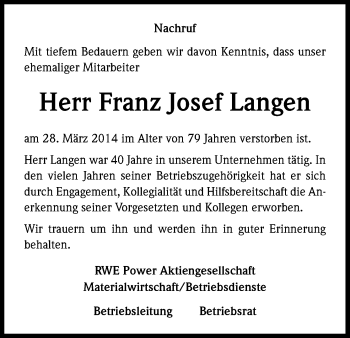 Anzeige von Franz Josef Langen von Kölner Stadt-Anzeiger / Kölnische Rundschau / Express