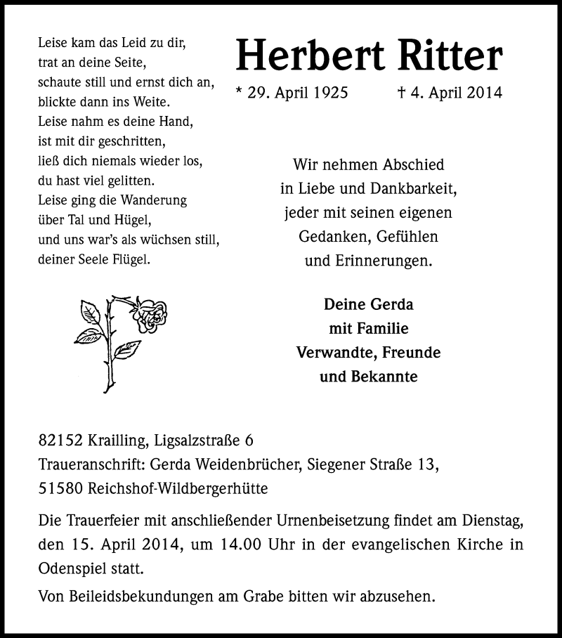  Traueranzeige für Herbert Ritter vom 12.04.2014 aus Kölner Stadt-Anzeiger / Kölnische Rundschau / Express