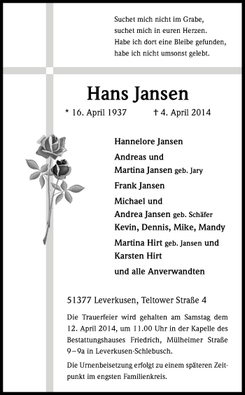 Anzeige von Hans Jansen von Kölner Stadt-Anzeiger / Kölnische Rundschau / Express