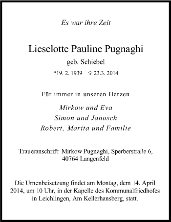 Anzeige von Lieselotte Pauline Pugnaghi von Kölner Stadt-Anzeiger / Kölnische Rundschau / Express