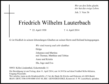 Anzeige von Friedrich Wilhelm Lauterbach von Kölner Stadt-Anzeiger / Kölnische Rundschau / Express