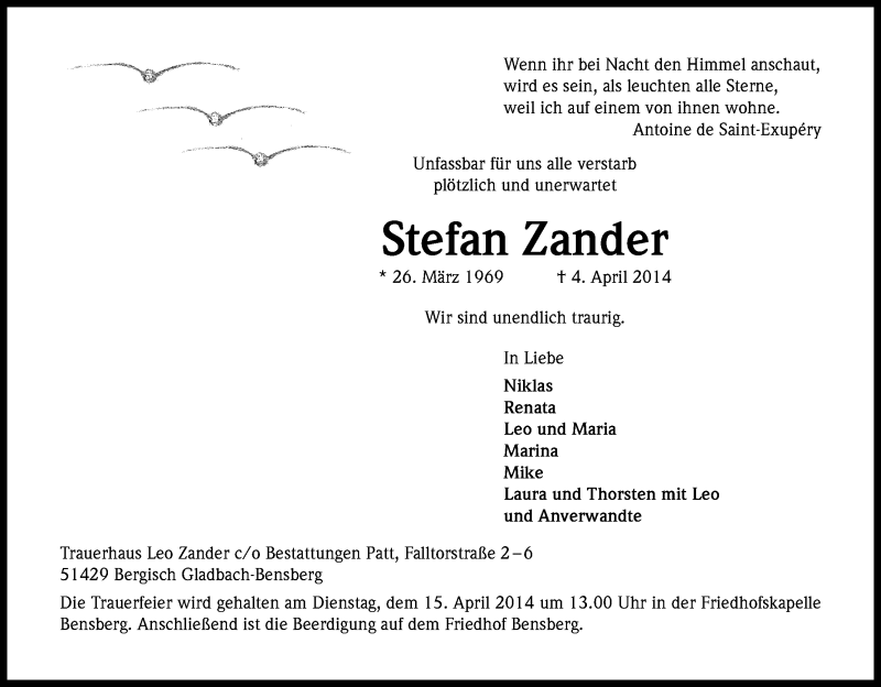  Traueranzeige für Stefan Zander vom 10.04.2014 aus Kölner Stadt-Anzeiger / Kölnische Rundschau / Express