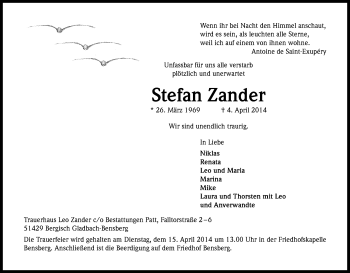 Anzeige von Stefan Zander von Kölner Stadt-Anzeiger / Kölnische Rundschau / Express