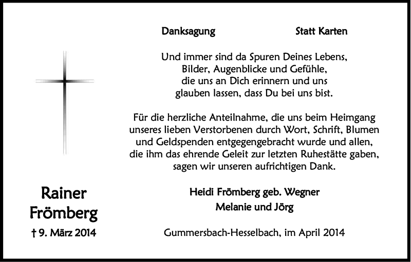  Traueranzeige für Rainer Frömberg vom 19.04.2014 aus Kölner Stadt-Anzeiger / Kölnische Rundschau / Express