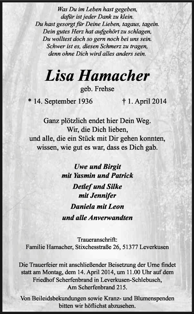  Traueranzeige für Lisa Hamacher vom 09.04.2014 aus Kölner Stadt-Anzeiger / Kölnische Rundschau / Express