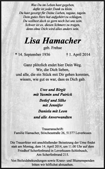 Anzeige von Lisa Hamacher von Kölner Stadt-Anzeiger / Kölnische Rundschau / Express