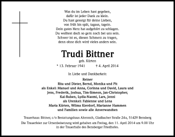 Anzeige von Trudi Bittner von Kölner Stadt-Anzeiger / Kölnische Rundschau / Express