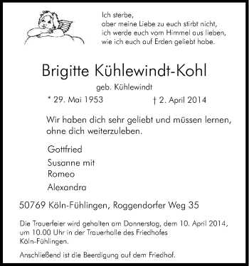 Anzeige von Brigitte Kühlewindt-Kohl von Kölner Stadt-Anzeiger / Kölnische Rundschau / Express
