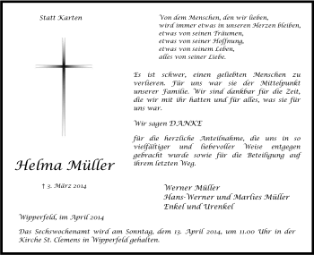 Anzeige von Helma Müller von Kölner Stadt-Anzeiger / Kölnische Rundschau / Express