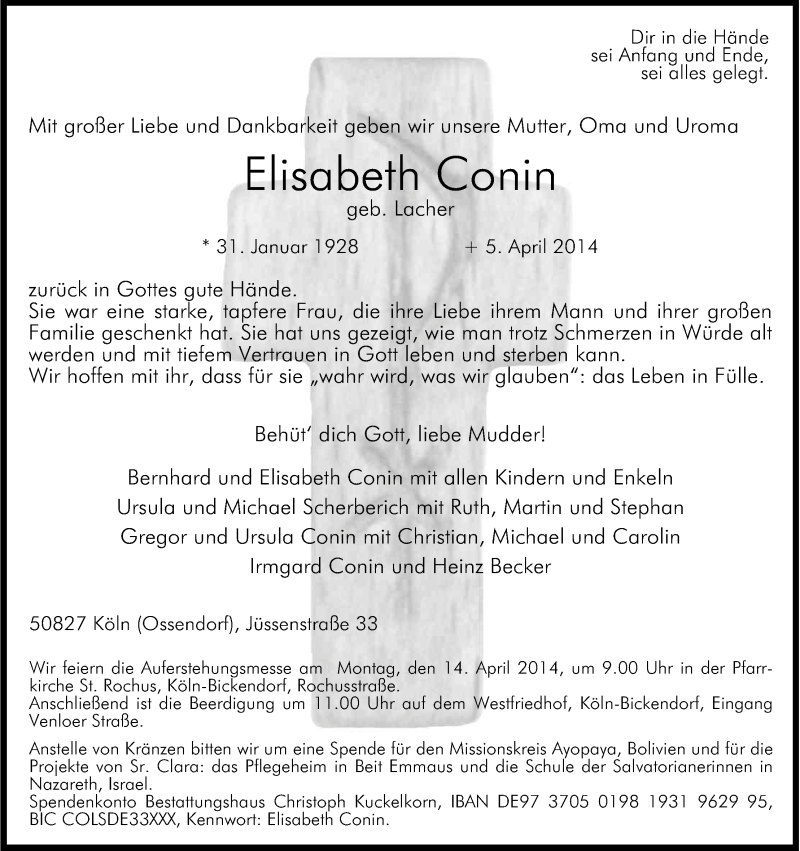  Traueranzeige für Elisabeth Conin vom 09.04.2014 aus Kölner Stadt-Anzeiger / Kölnische Rundschau / Express