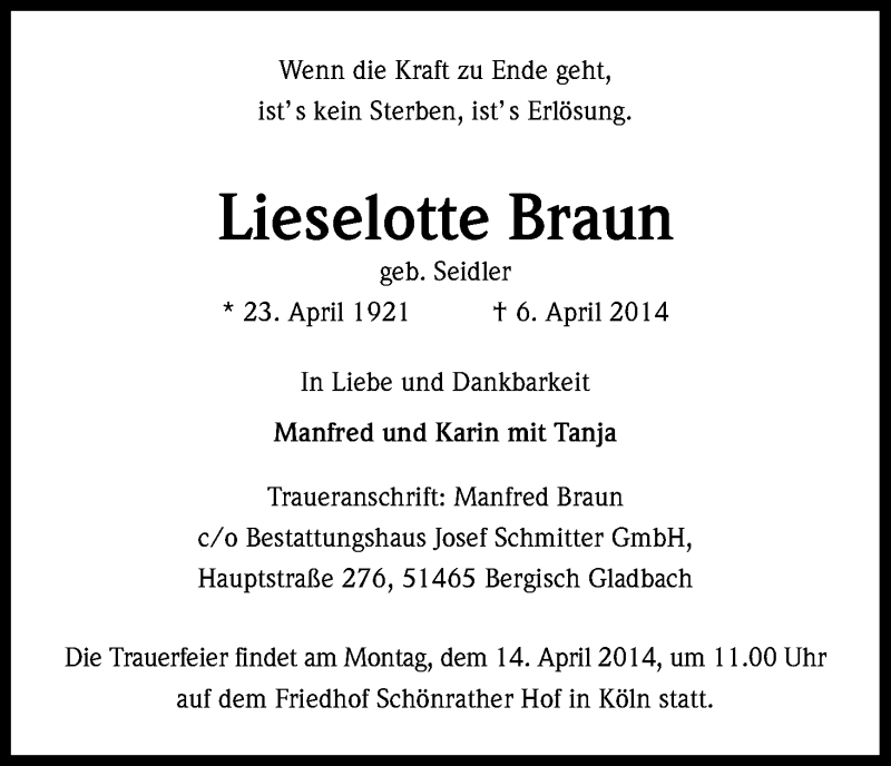  Traueranzeige für Lieselotte Braun vom 09.04.2014 aus Kölner Stadt-Anzeiger / Kölnische Rundschau / Express