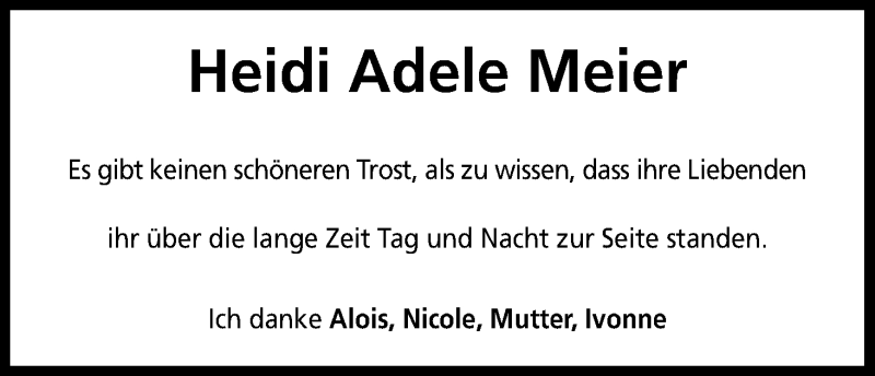  Traueranzeige für Heidi Adele Meier vom 09.04.2014 aus Kölner Stadt-Anzeiger / Kölnische Rundschau / Express