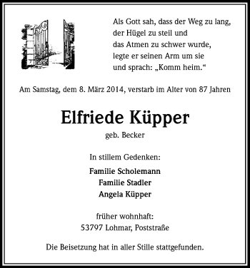 Anzeige von Elfriede Küpper von Kölner Stadt-Anzeiger / Kölnische Rundschau / Express
