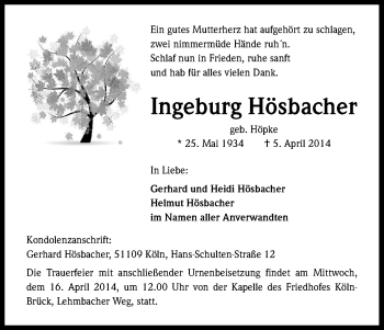 Anzeige von Ingeburg Hösbacher von Kölner Stadt-Anzeiger / Kölnische Rundschau / Express