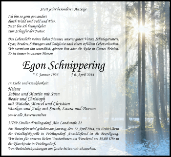 Anzeige von Egon  Schnippering von Kölner Stadt-Anzeiger / Kölnische Rundschau / Express