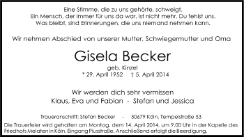 Anzeige von Gisela Becker von Kölner Stadt-Anzeiger / Kölnische Rundschau / Express