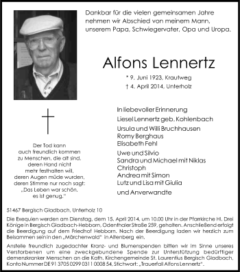 Anzeige von Alfons Lennertz von Kölner Stadt-Anzeiger / Kölnische Rundschau / Express