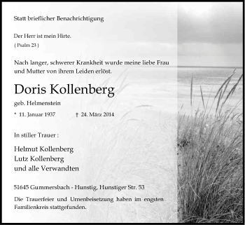Anzeige von Doris Kollenberg von Kölner Stadt-Anzeiger / Kölnische Rundschau / Express