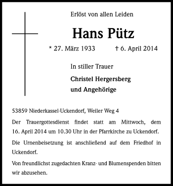 Anzeige von Hans Pütz von Kölner Stadt-Anzeiger / Kölnische Rundschau / Express