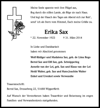 Anzeige von Erika Sax von Kölner Stadt-Anzeiger / Kölnische Rundschau / Express