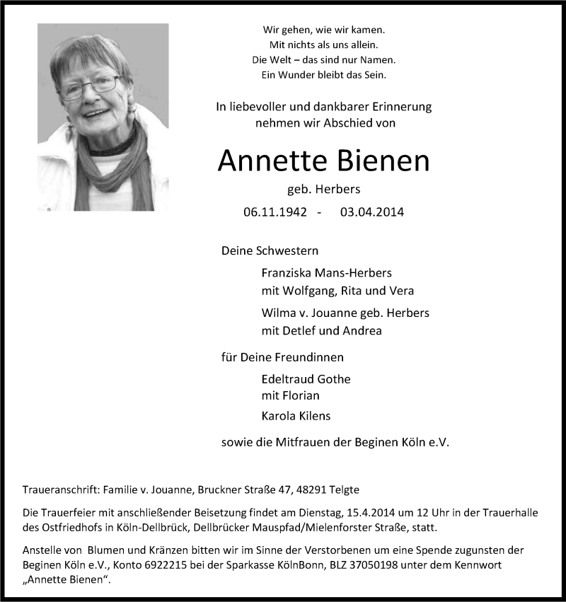  Traueranzeige für Annette Bienen vom 09.04.2014 aus Kölner Stadt-Anzeiger / Kölnische Rundschau / Express