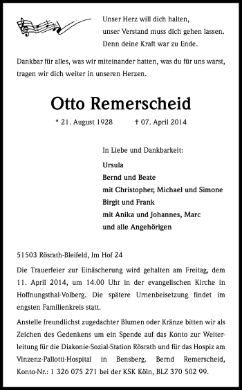Anzeige von Otto Remerscheid von Kölner Stadt-Anzeiger / Kölnische Rundschau / Express
