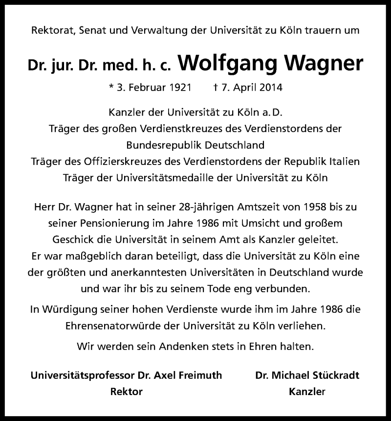  Traueranzeige für Wolfgang Wagner vom 12.04.2014 aus Kölner Stadt-Anzeiger / Kölnische Rundschau / Express