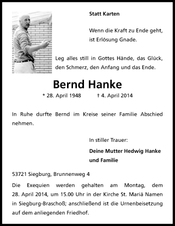 Anzeige von Bernd Hanke von Kölner Stadt-Anzeiger / Kölnische Rundschau / Express