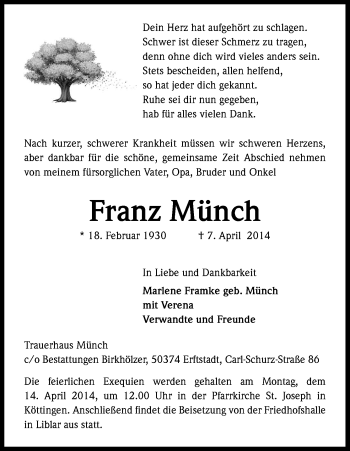 Anzeige von Franz Münch von Kölner Stadt-Anzeiger / Kölnische Rundschau / Express