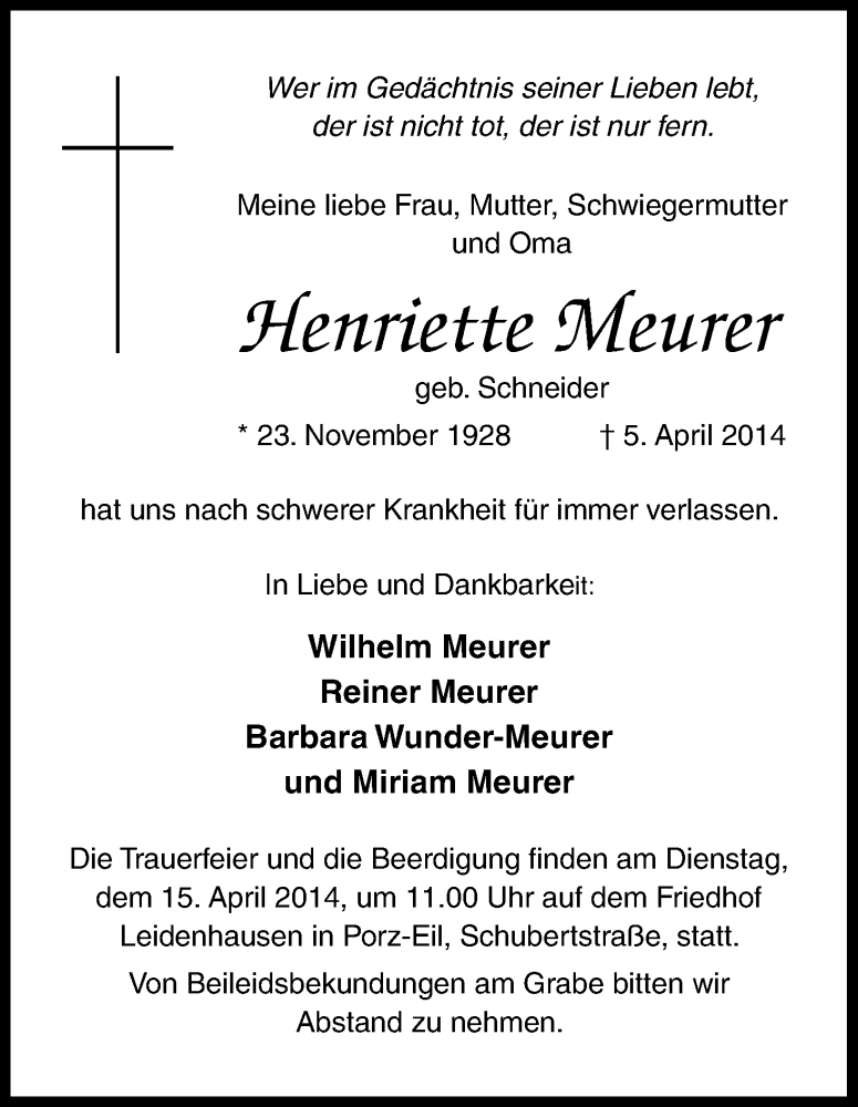  Traueranzeige für Henriette Meurer vom 09.04.2014 aus Kölner Stadt-Anzeiger / Kölnische Rundschau / Express