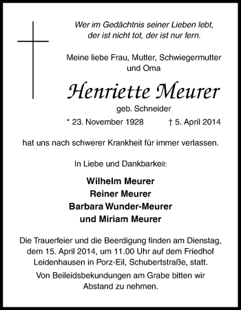 Anzeige von Henriette Meurer von Kölner Stadt-Anzeiger / Kölnische Rundschau / Express