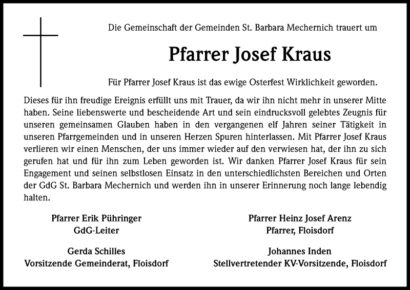  Traueranzeige für Josef Kraus vom 09.04.2014 aus Kölner Stadt-Anzeiger / Kölnische Rundschau / Express