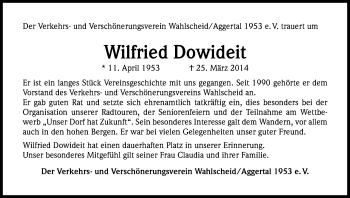 Anzeige von Wilfried Dowideit von Kölner Stadt-Anzeiger / Kölnische Rundschau / Express