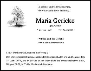 Anzeige von Maria Gericke von Kölner Stadt-Anzeiger / Kölnische Rundschau / Express