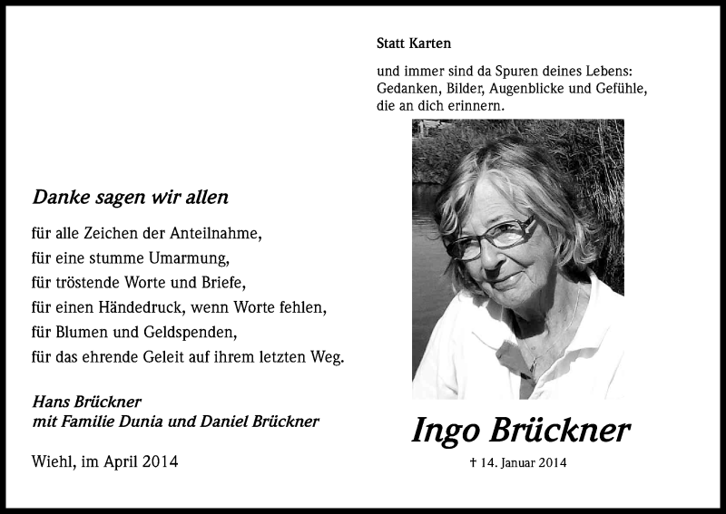  Traueranzeige für Ingo Brückner vom 12.04.2014 aus Kölner Stadt-Anzeiger / Kölnische Rundschau / Express