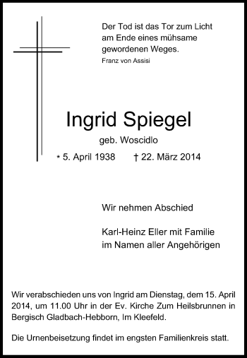 Anzeige von Ingrid Spiegel von Kölner Stadt-Anzeiger / Kölnische Rundschau / Express