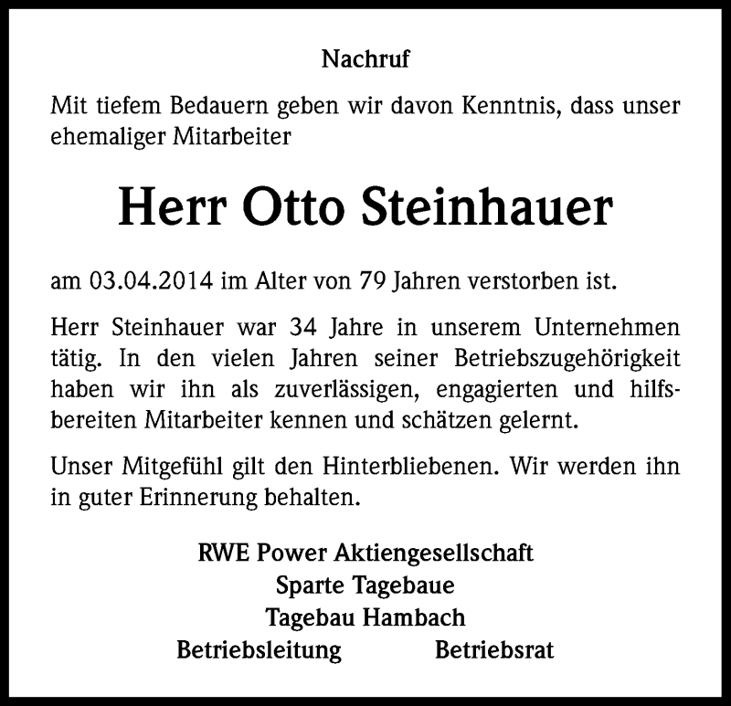  Traueranzeige für Otto Steinhauer vom 10.04.2014 aus Kölner Stadt-Anzeiger / Kölnische Rundschau / Express