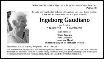 Anzeige von Ingeborg Gaudiano von Kölner Stadt-Anzeiger / Kölnische Rundschau / Express