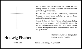 Anzeige von Hedwig Fischer von Kölner Stadt-Anzeiger / Kölnische Rundschau / Express