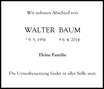 Anzeige von Walter Baum von Kölner Stadt-Anzeiger / Kölnische Rundschau / Express
