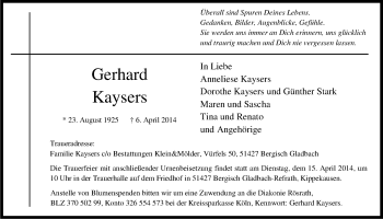 Anzeige von Gerhard Kaysers von Kölner Stadt-Anzeiger / Kölnische Rundschau / Express